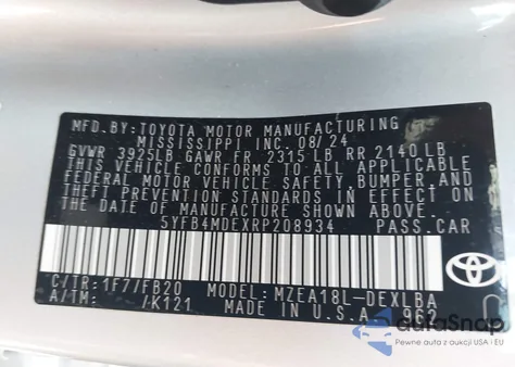 2024 Toyota Corolla Le from USA, damaged, VIN 5YFB4MDEXRP208934